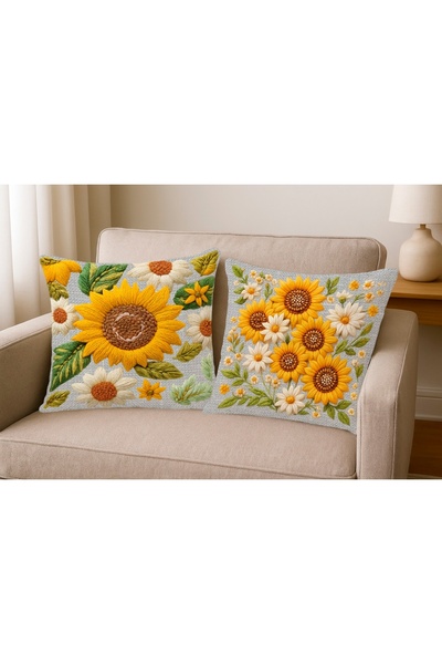 MİNOZA Decorative Throw Pillow Cover with Digital Printed Punch Embroidery Appearance Sunflower Pattern