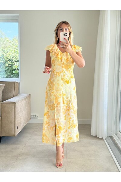 SEDA KOYUTÜRK Sarı Volan Yaka Omuz Detaylı Elbise