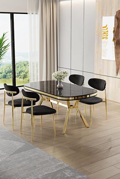 Canisa Olya Serisi 90x168 Lak Panel Sonata Masa Takımı Gold Ayaklı 4 Siyah Sa...