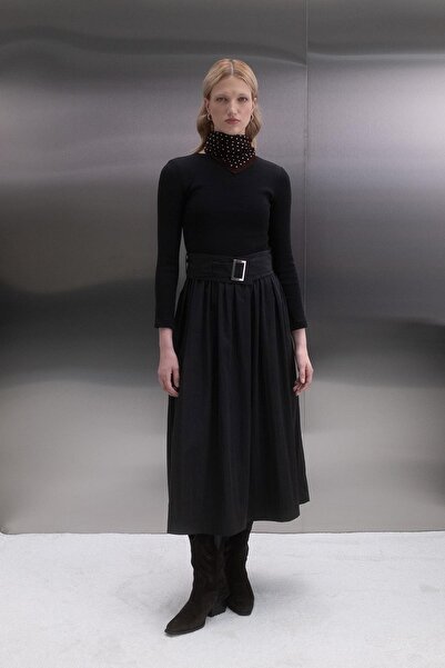 MARKALİSTE Long Sleeve Ribbed Knit Dress Black