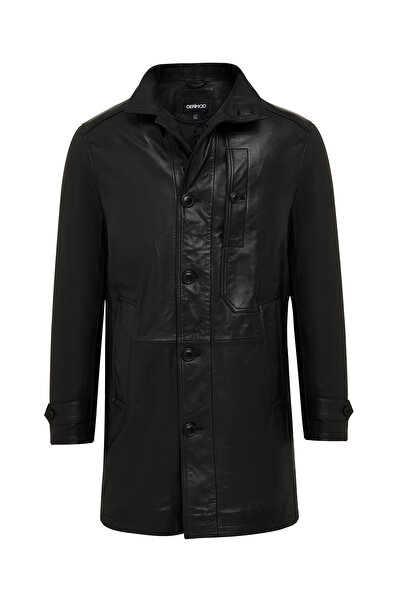 Derimod Ederson Men's Black Judge Collar Buttoned Leather Coat 24Wgd6113Ve