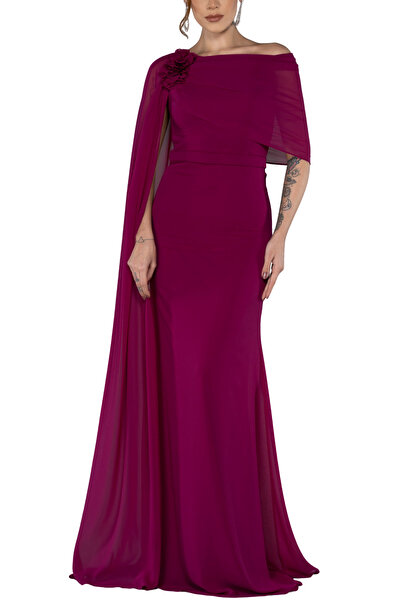 Arden Long Evening Dress, Chiffon Cape Sleeve Boat Neck Black, White, Purple, Powder, Wedding Fish Dress, 38-44