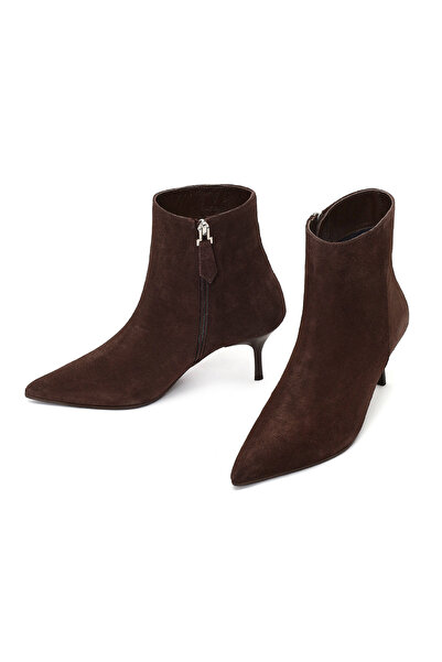 Derimod Women's Brown Zippered Thin Heeled Suede Leather Boots 25Wfd131310