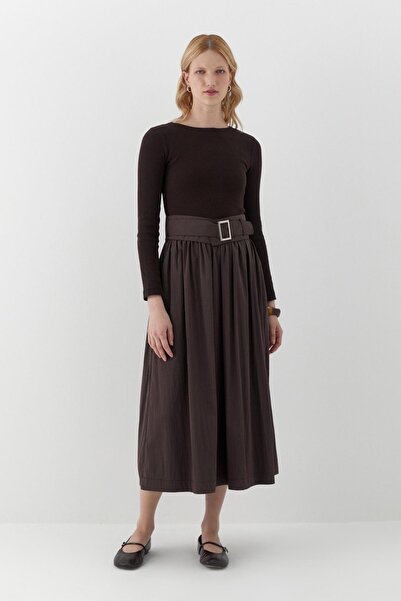 MARKALİSTE Long Sleeve Ribbed Knit Dress Brown