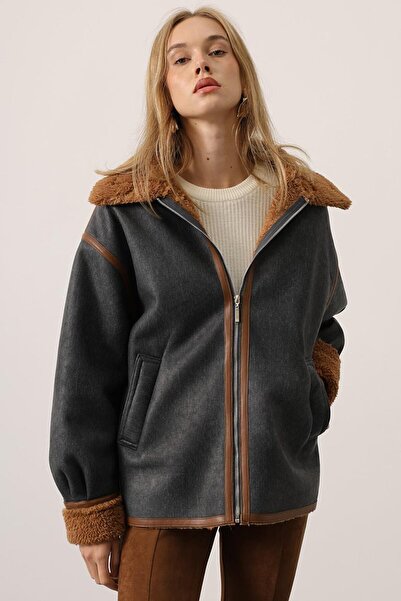 VAGGON Women's Anthracite Contrast Zippered Wool Jacket Vs01623