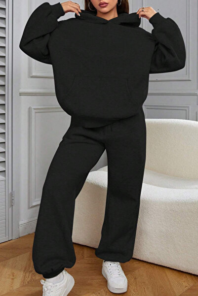 NAKRUF Γυναικείο Σετ Φόρμας 2 τεμαχίων Μαύρο και Ναυτικό Μπλε oversized με κουκούλα Χειμερινό Εσωτερικό Βαμβακερό