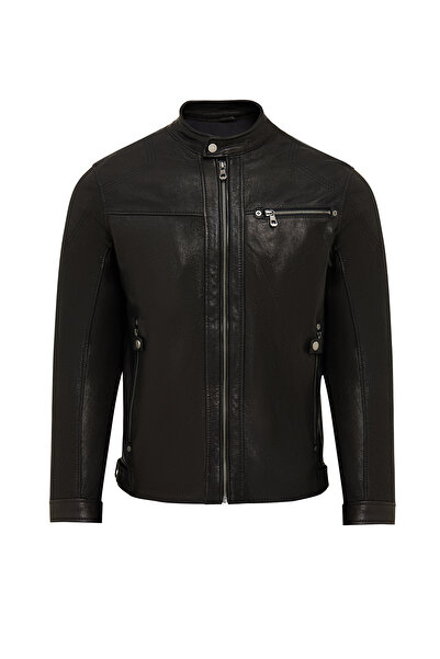 Derimod Towns Men's Black Slim-Fit Short Leather Jacket 25Wgf65872Z