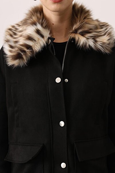 VAGGON Women's Black Fur Collar Double Pocket Jacket and Palazzo Pants Suede Suit Vs01627