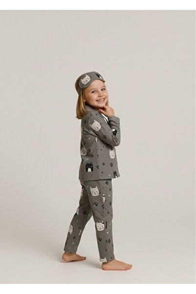 Beka Kids Cat Patterned Long Sleeve Buttoned Front Shirt Collar Girls Pajama Set 100% Cotton and Eye Patch