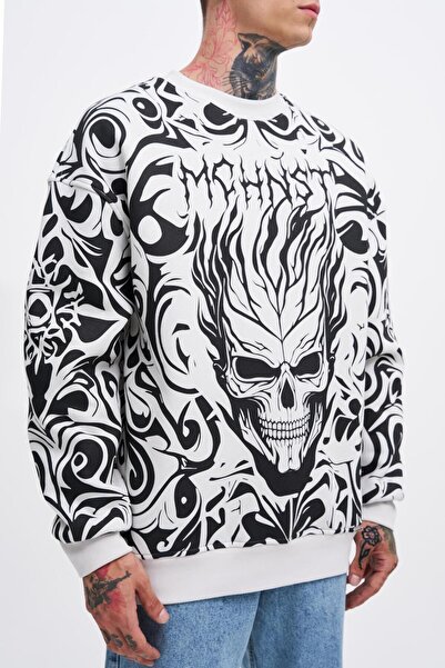 Machinist Men's Skull Printed Oversized Sweatshirt Space Gray