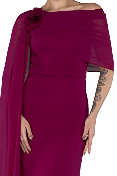 Arden Long Evening Dress, Chiffon Cape Sleeve Boat Neck Black, White, Purple, Powder, Wedding Fish Dress, 38-44