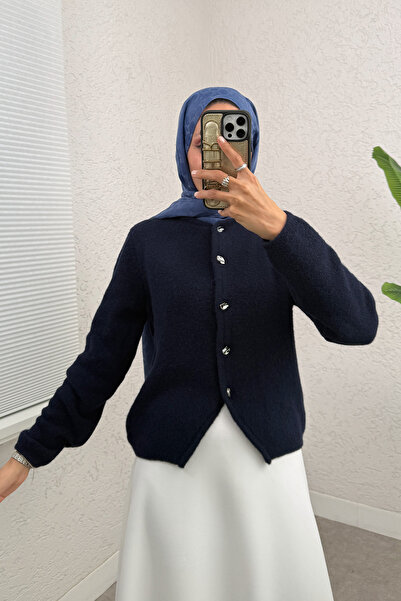 Salih Çelebi Crew Neck Buttoned Knitwear Cardigan 07295 - Dark Blue