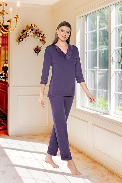 SASİ Kadın Dantelli V Yaka Truvakar Kollu Süper Yumuşak Örme Viskon Pijama Ta...