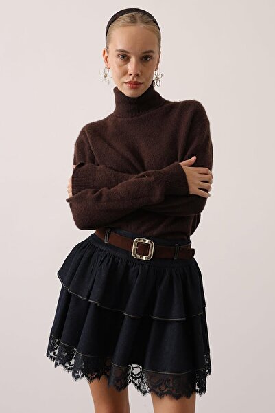 VAGGON Women's Navy Blue Belted Lace Detailed Flared Denim Skirt Vs01619