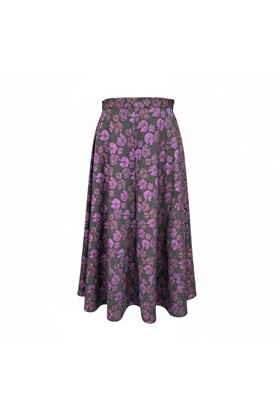 Eight Fashion Women's Floral Pattern High Waist Woven Purple Flared Skirt