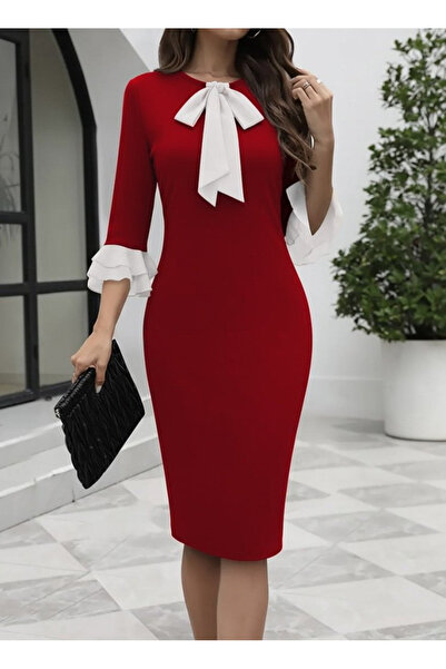 JANES Women's Three Quarter Sleeve Bow Collar Midi Imported Crepe Dress