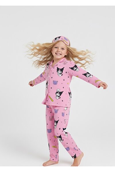 Beka Kids Kuromi Patterned Long Sleeve Buttoned Front Shirt Collar Girls' Pajama Set 100% Cotton and Eye Patch