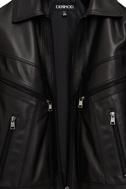 Derimod Vanessa Women Black Shirt Collar Short Oversized Leather Jacket 25Wgd5325U4