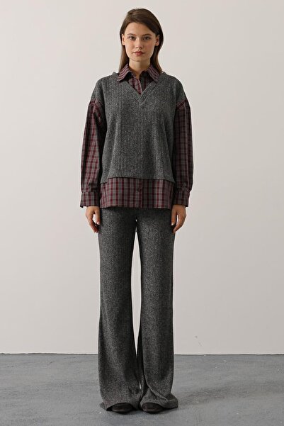 VAGGON Women's Anthracite Plaid Shirt Cardigan and Flared Pants Set Vs01622
