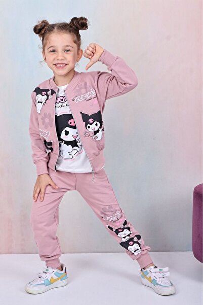 LİLLYPİCCA Girl's 3-Piece Set Long Sleeve Sweatshirt Printed Zippered Cardigan Elastic Waist Combed Cotton Trousers