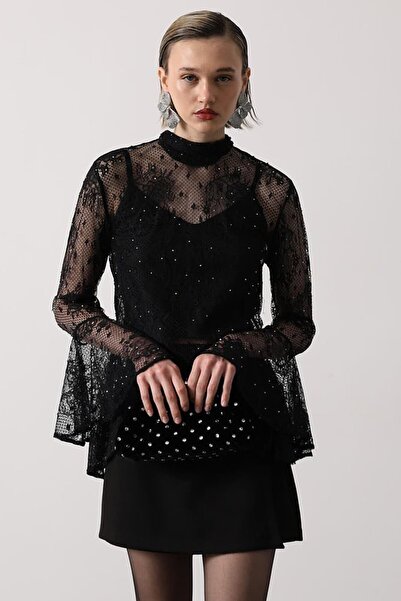 VAGGON Women's Black Lace Fly Sleeve Transparent Undershirt Blouse Vs01611
