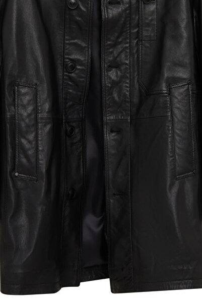 Derimod Ederson Men's Black Judge Collar Buttoned Leather Coat 24Wgd6113Ve