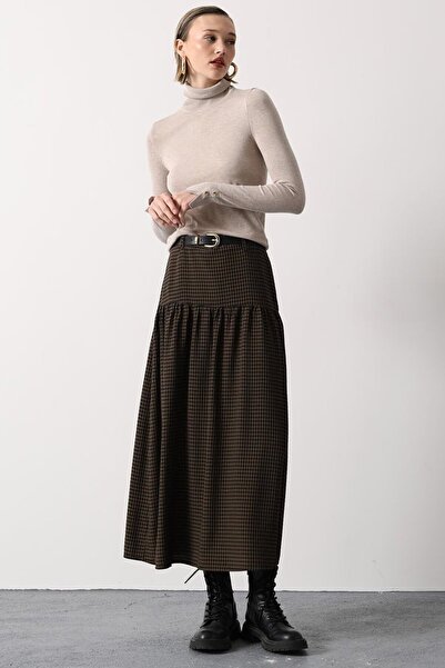 VAGGON Women's Black-Striped Belted Plaid Pleated Midi Skirt Vs01615