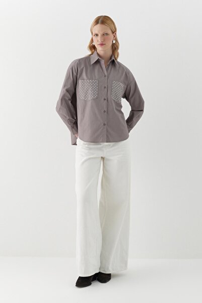 MARKALİSTE Pocket Detailed Shirt with Stone Detail Gray