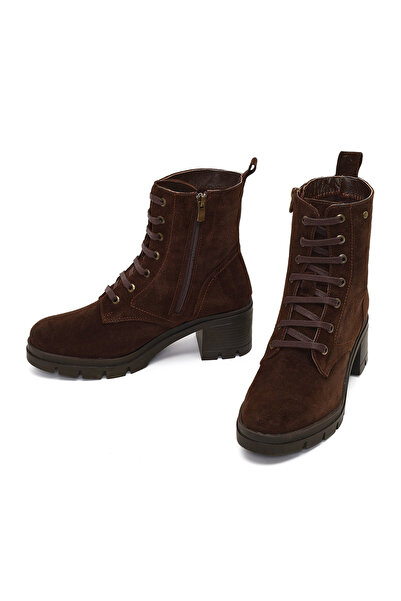 Derimod Women's Brown Zippered Thick Heeled Suede Leather Boots 25Wfd413410