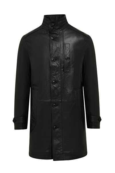 Derimod Ederson Men's Black Judge Collar Buttoned Leather Coat 24Wgd6113Ve