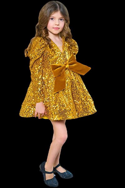 Riccotarz Girl's V-Neck Sequin Embroidered Skirt Puffy Velvet Gold Evening Dress
