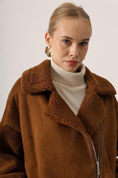 VAGGON Women's Brown Double-Breasted Collar Femruarlı Double Pocket Woolen Jacket Vs01617