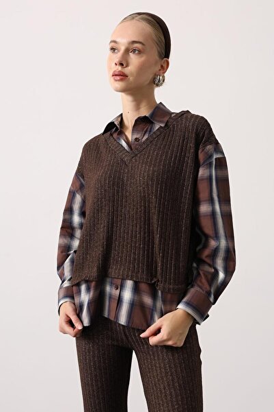 VAGGON Women's Brown Plaid Shirt Cardigan and Flared Pants Set Vs01622