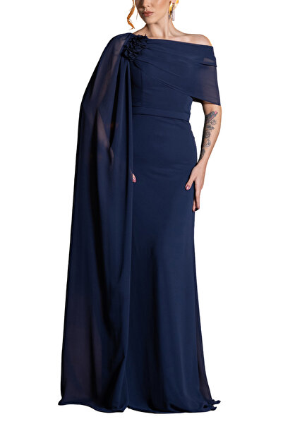 Arden Long Evening Dress, Chiffon Cape Sleeve Boat Neck Black, White, Purple, Powder, Wedding Fish Dress, 38-44