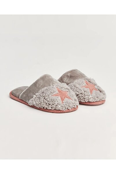 LAMİNTA Sagu Star Detailed Gray Plush House Slippers