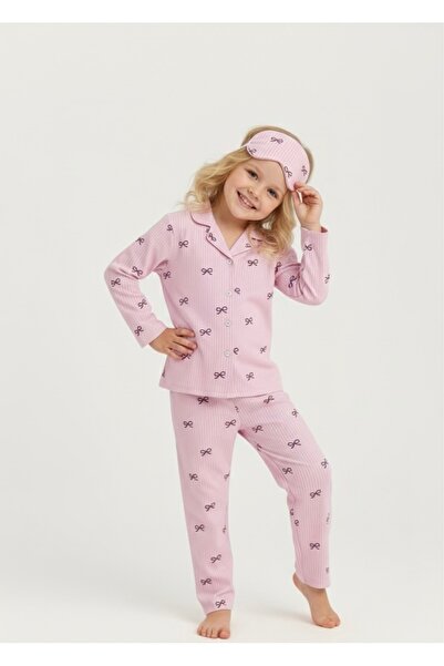 Beka Kids Ribbon Patterned Long Sleeve Buttoned Front Shirt Collar Girls' Pajama Set 100% Cotton and Glasses