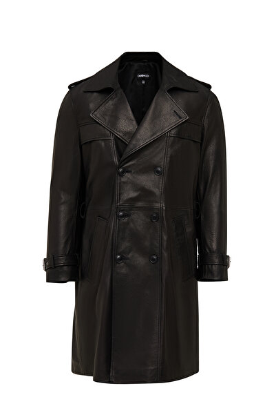 Derimod Bellingham Men's Black Oversized Leather Trench Coat 24Wgd65499M