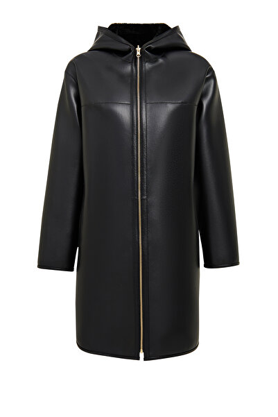 Derimod Artesina Women's Black Hooded Teddy Leather Coat 24Wgp5287Ff