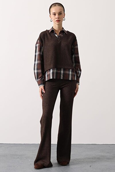 VAGGON Women's Brown Plaid Shirt Cardigan and Flared Pants Set Vs01622
