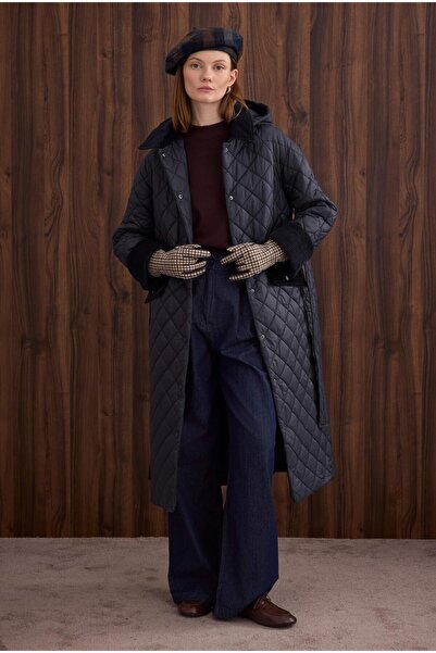 HEQA Long Quilted Coat Navy Blue