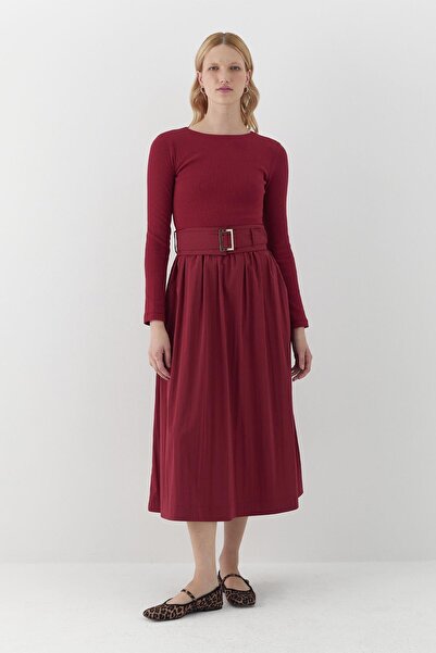 MARKALİSTE Long Sleeve Ribbed Knit Dress Burgundy