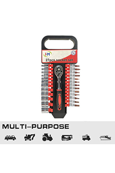 H&M طقم مفك براغي H-0017 مكون من 27 قطعة بقطر 1/4 بوصة ومقبس ومقبض من الكروم والفاناديوم