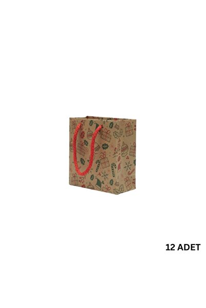 roco paper Σετ τσάντες από χαρτόνι Kraft με Πρωτοχρονιάτικο Σχέδιο-12 τεμ., Πάρτι, Χριστούγεννα, Τσάντα δώρου, Κόκκινο κορδόνι, 11x11 εκ.