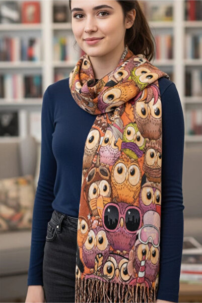 Cashmere Wool Shawl with Owl Figure-Orange
