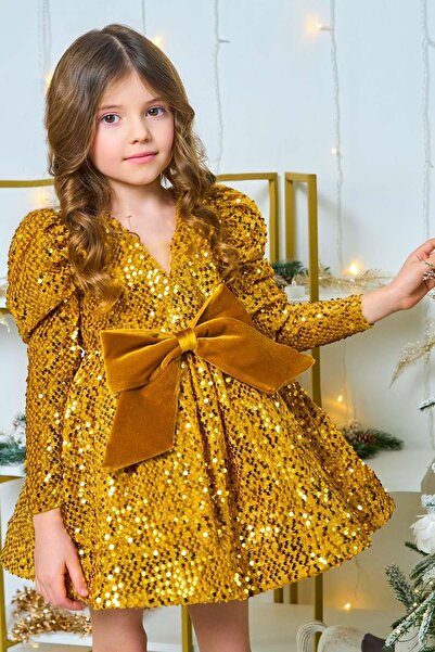 Riccotarz Girl's V-Neck Sequin Embroidered Skirt Puffy Velvet Gold Evening Dress