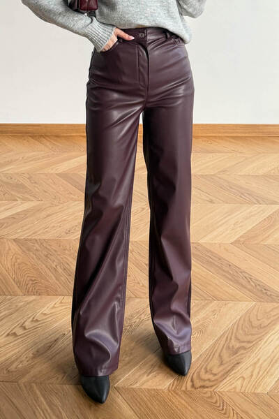 Cappmoda PNT-07425 Bordo İçi Polarlı Suni Deri Palazzo Pantolon