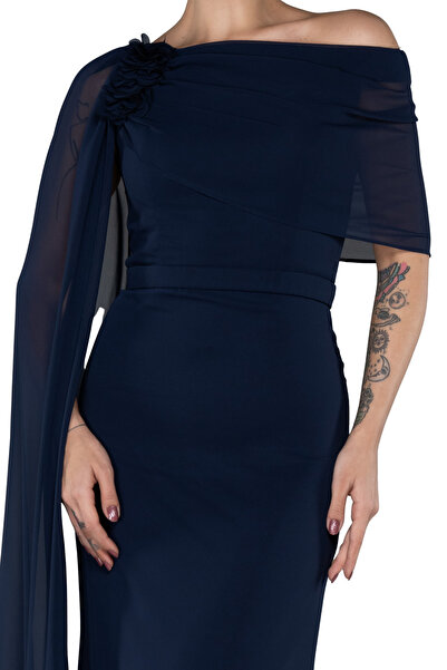 Arden Long Evening Dress, Chiffon Cape Sleeve Boat Neck Black, White, Purple, Powder, Wedding Fish Dress, 38-44