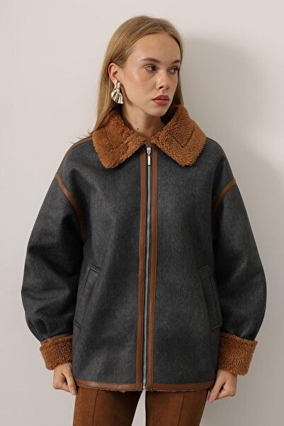 VAGGON Women's Anthracite Contrast Zippered Wool Jacket Vs01623