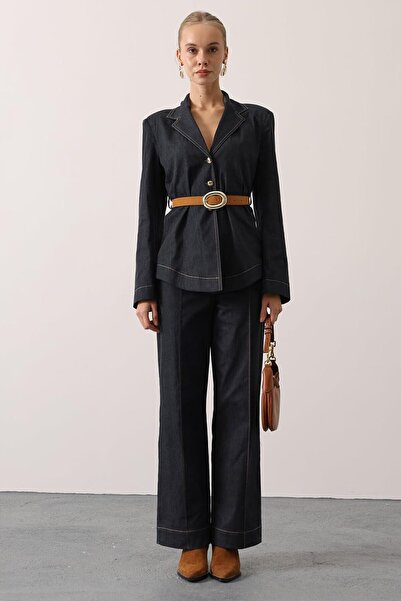 VAGGON Women's Navy Blue Buttoned Belted Jacket and Palazzo Pants Fit Denim Suit Vs01620