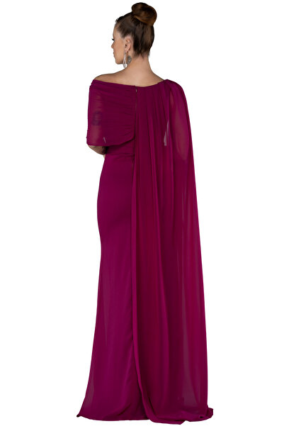 Arden Long Evening Dress, Chiffon Cape Sleeve Boat Neck Black, White, Purple, Powder, Wedding Fish Dress, 38-44